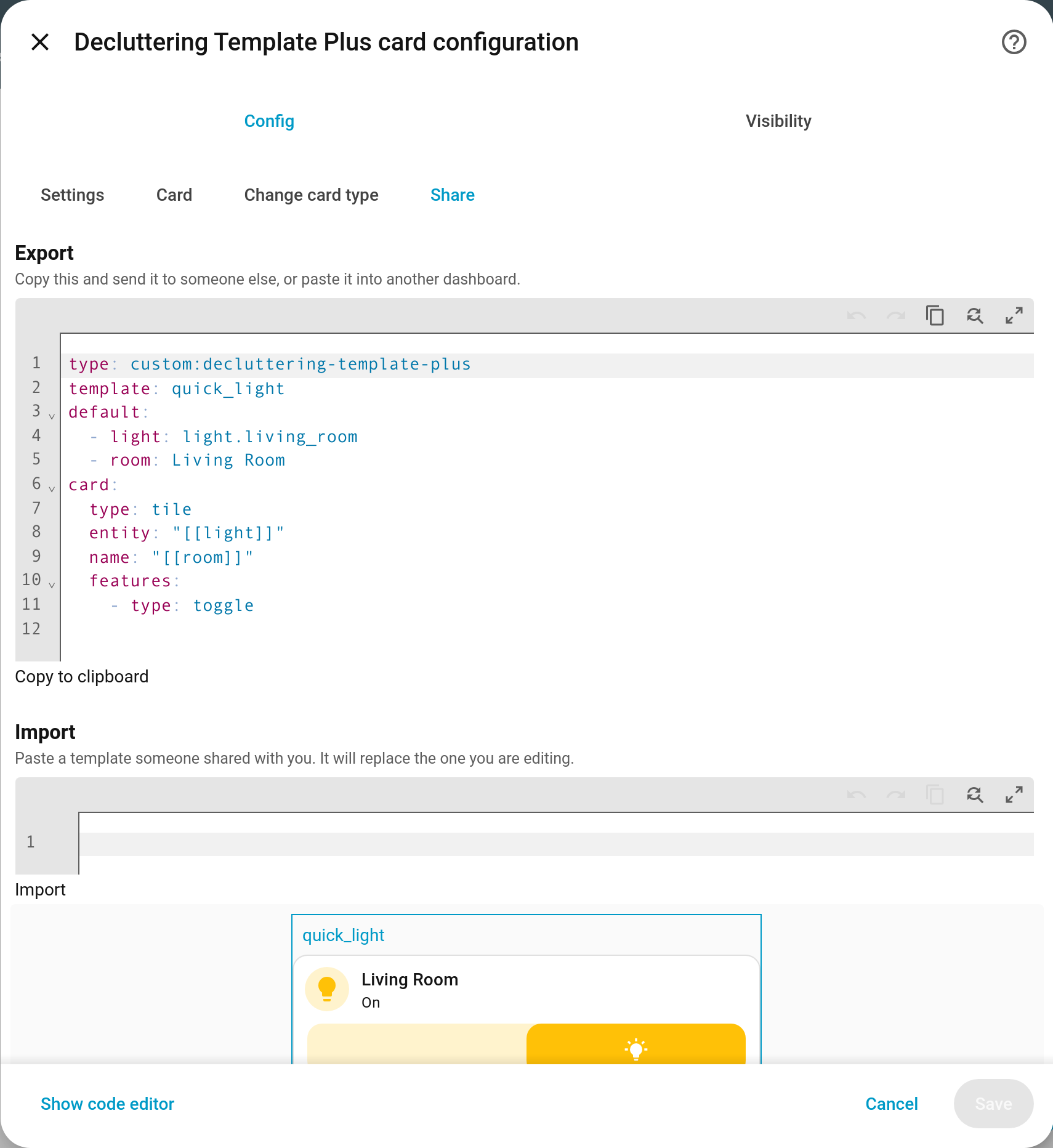 The Share tab of the template editor