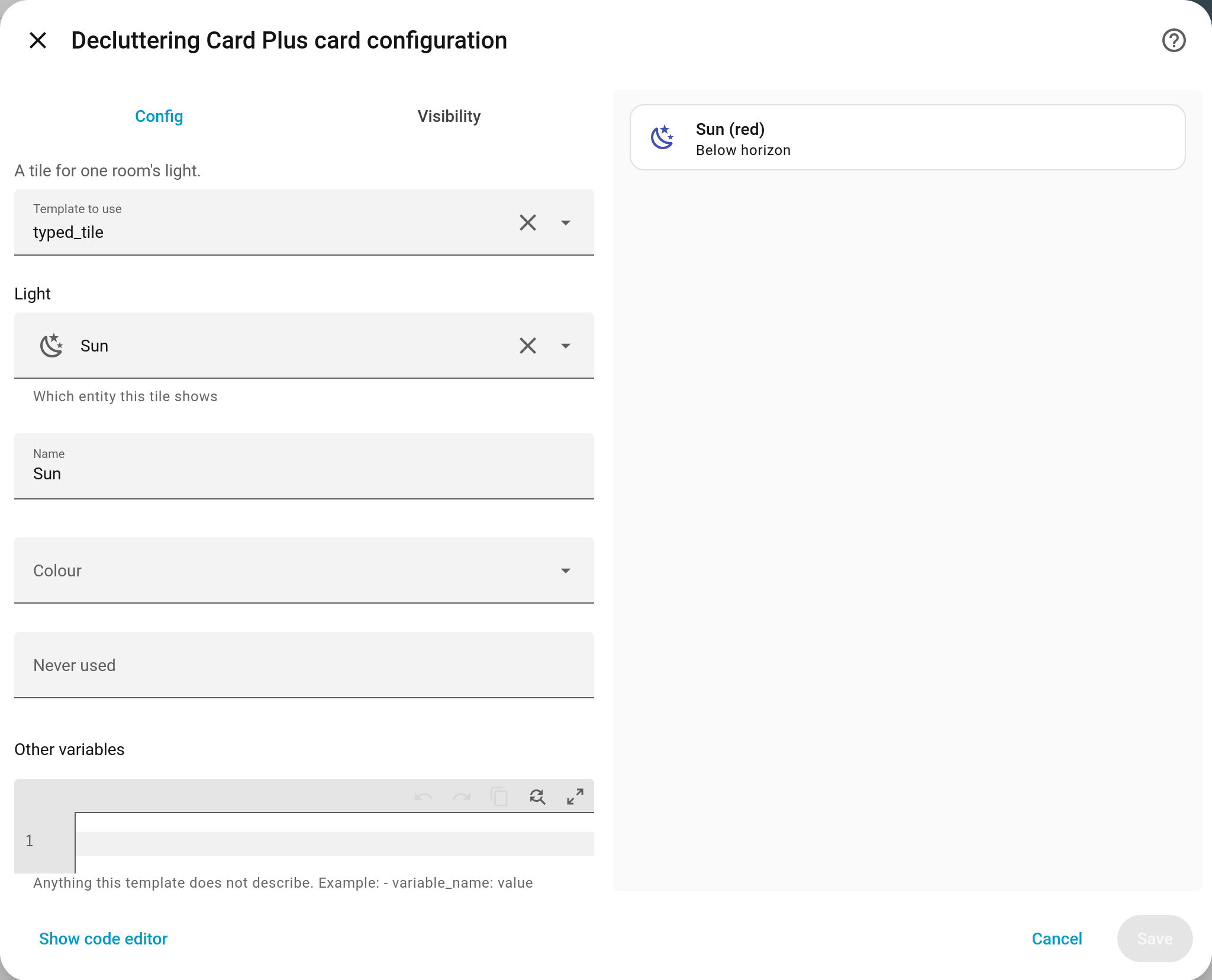The card editor showing an entity picker and a dropdown built from the template