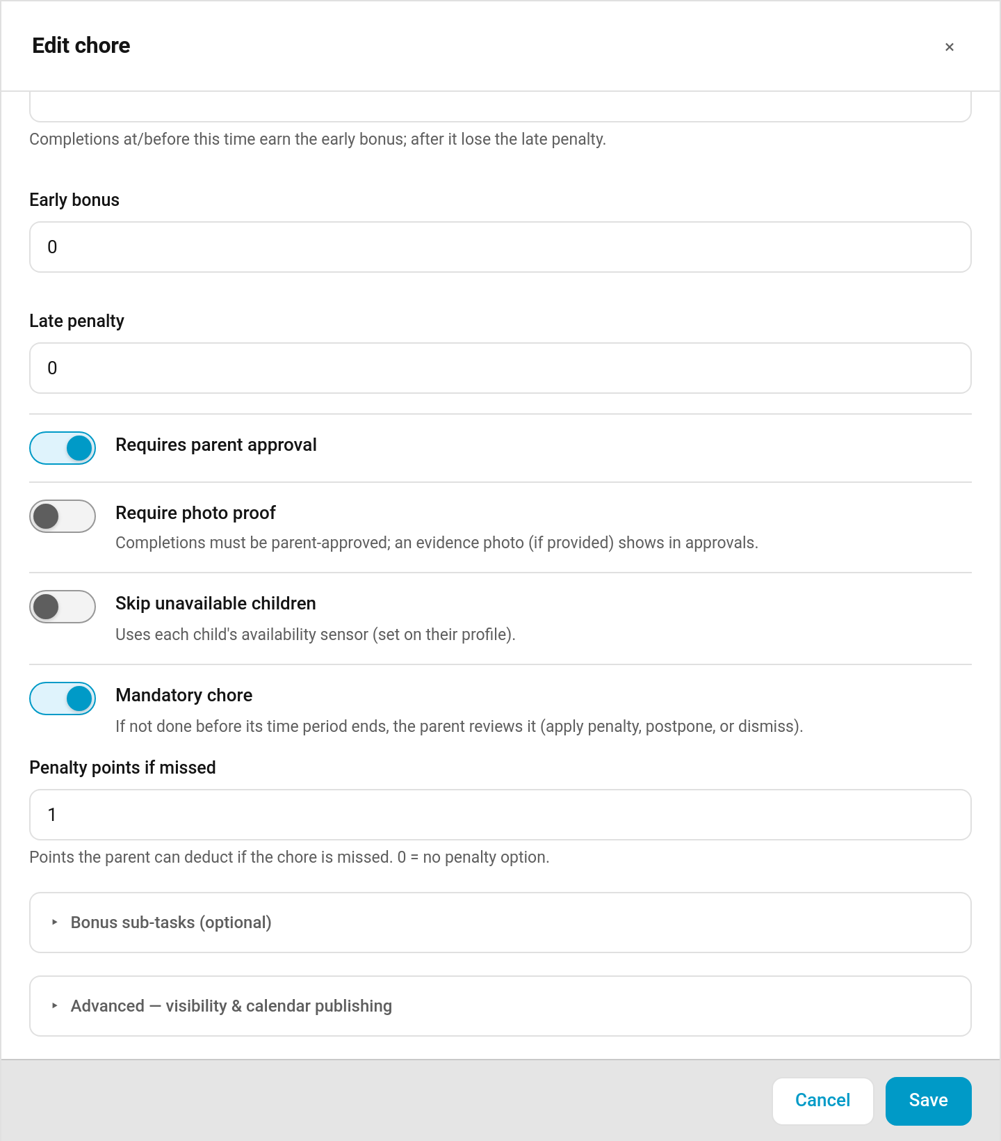 Mandatory chore toggle and penalty field in the chore editor