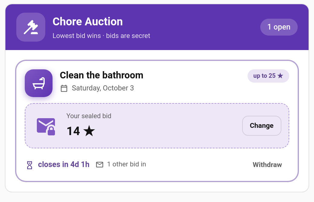 The Chore Auction card, with a sealed bid in
