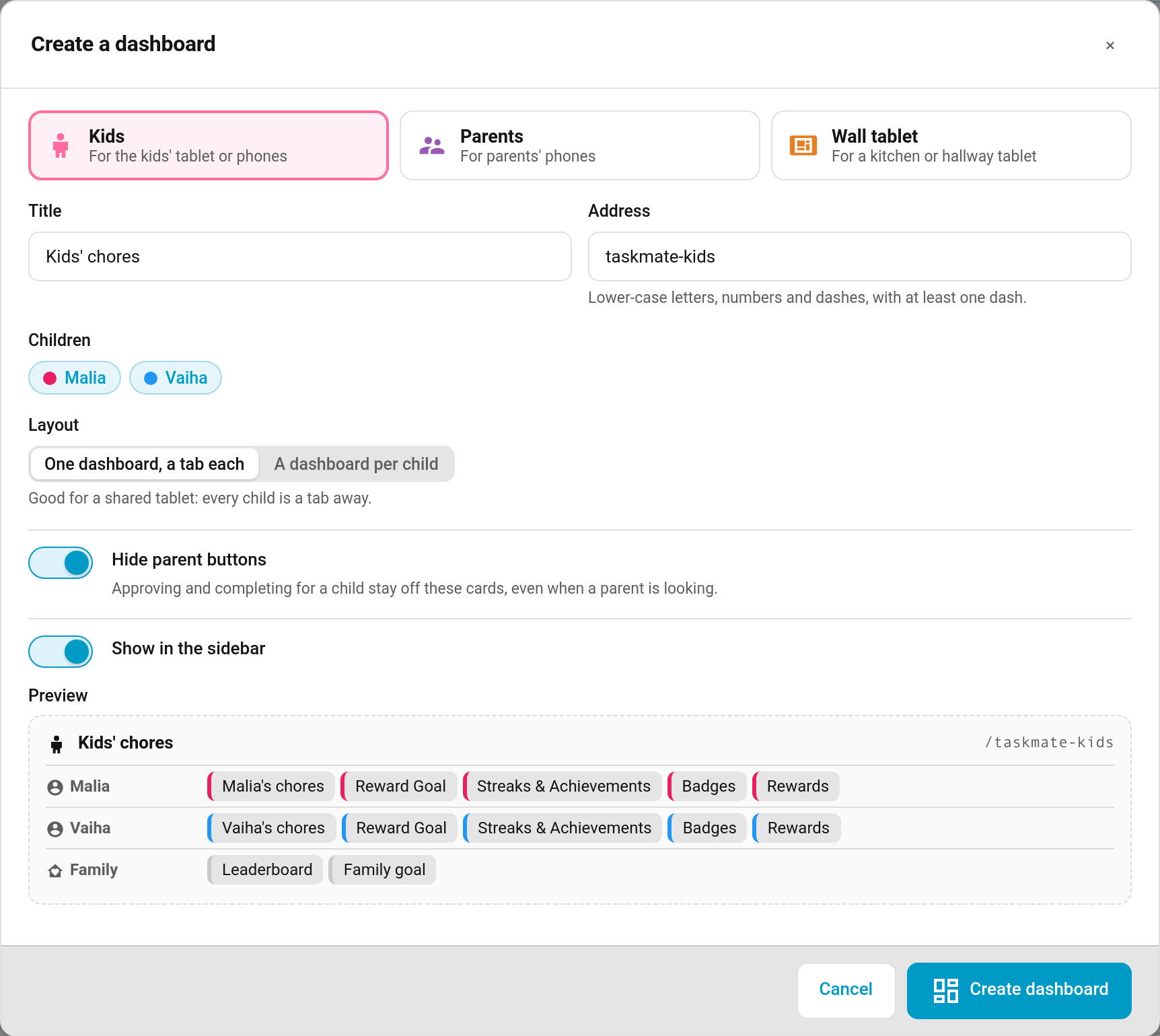 Creating the Kids dashboard, with its preview
