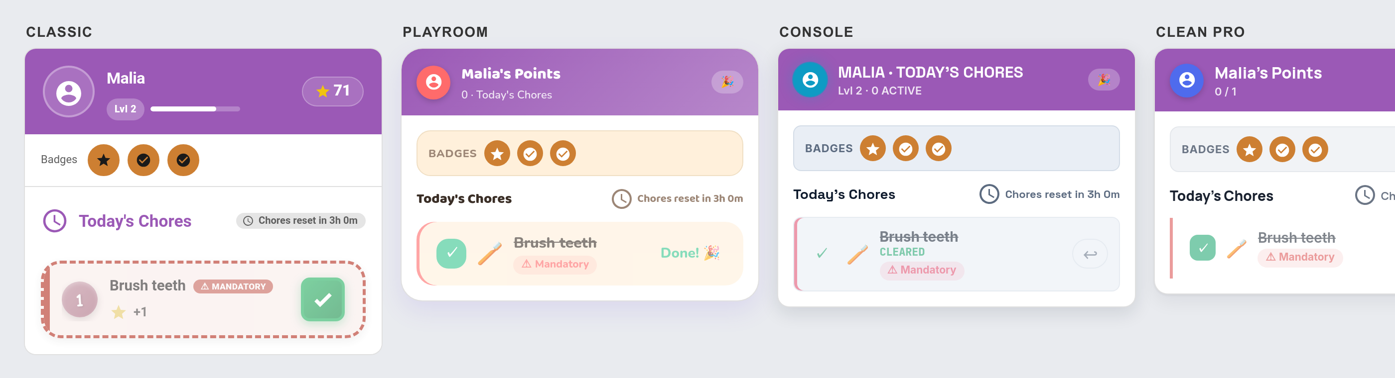 The four card design styles: Classic, Playroom, Console, Clean Pro
