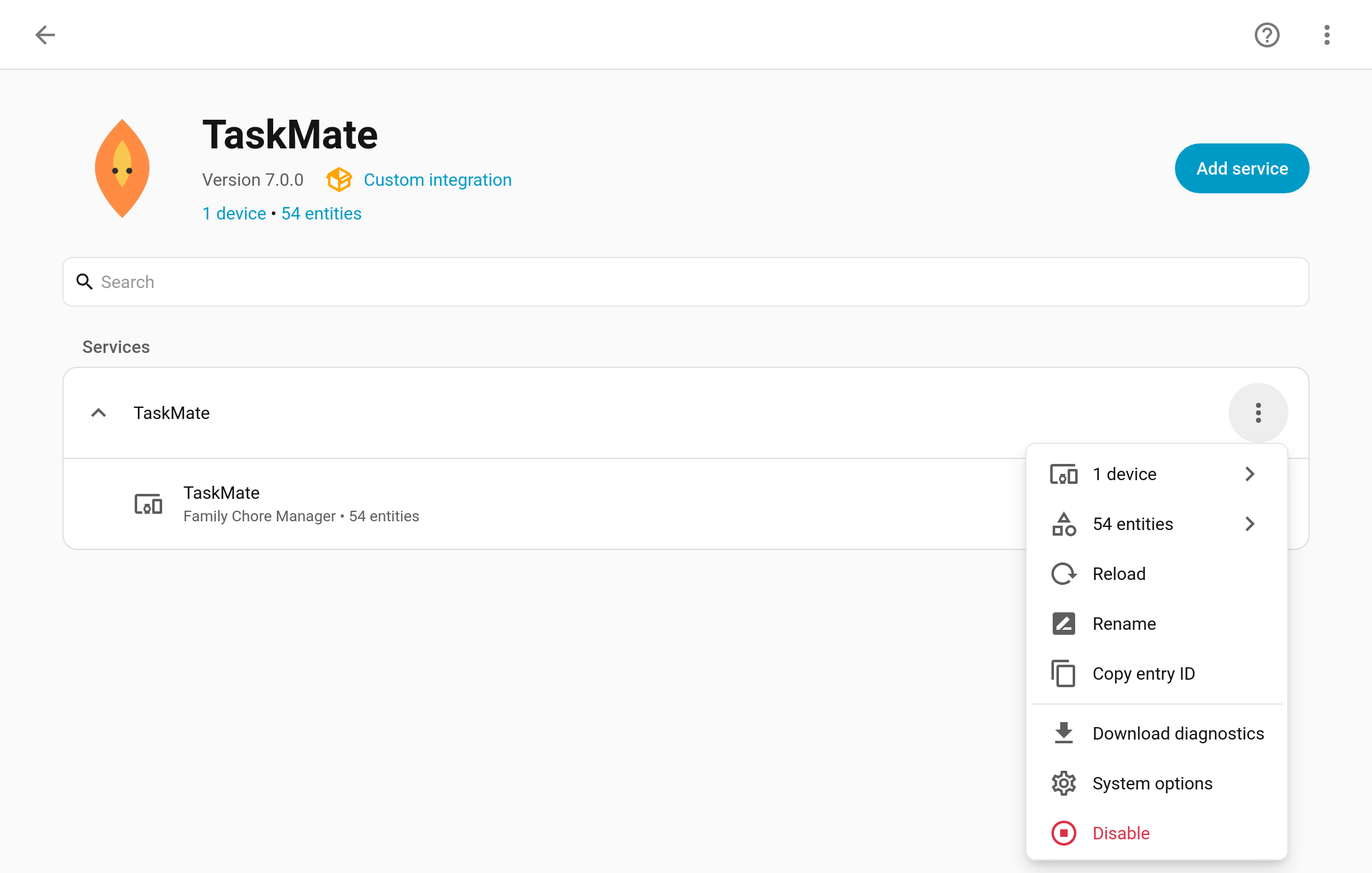 Download diagnostics in the TaskMate integration's menu