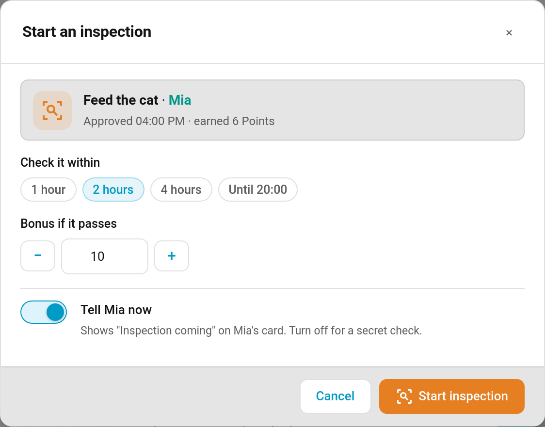 Starting an inspection from recent activity