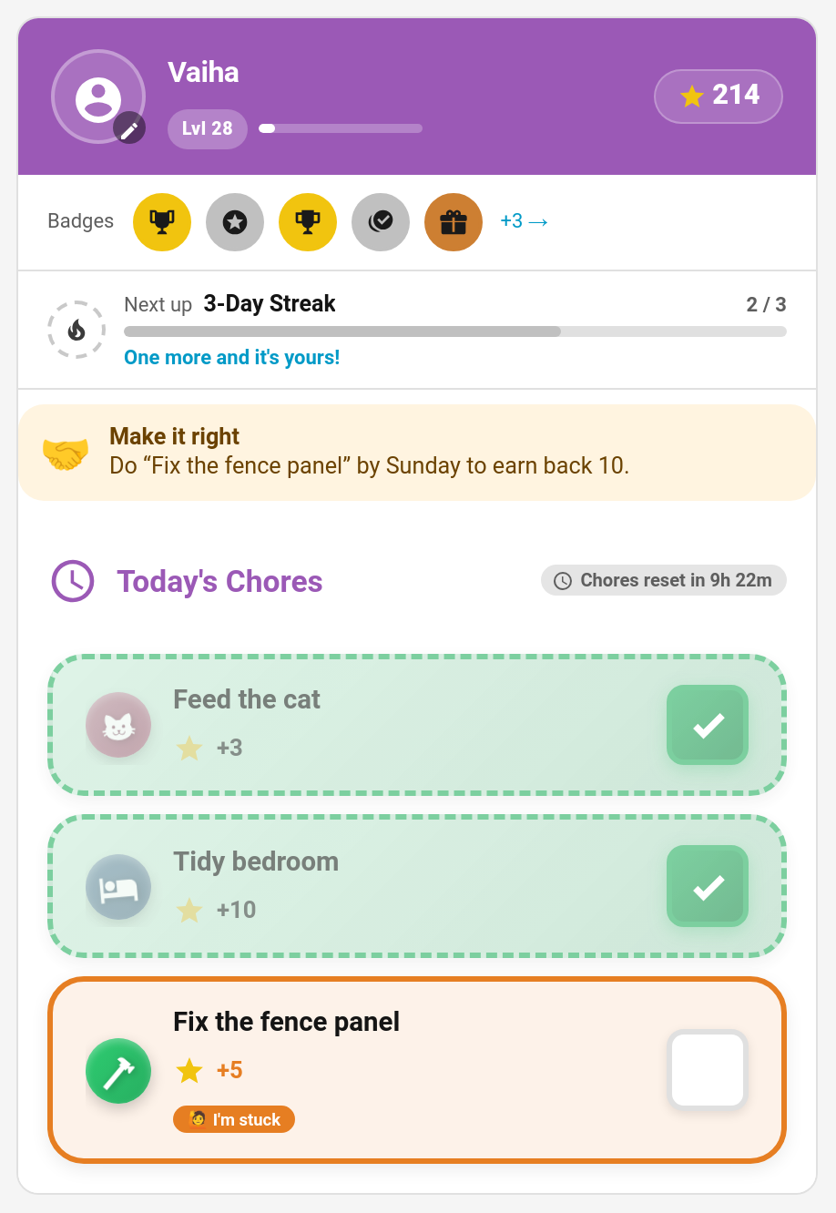 A make-it-right offer on the child card, with its chore ready to do