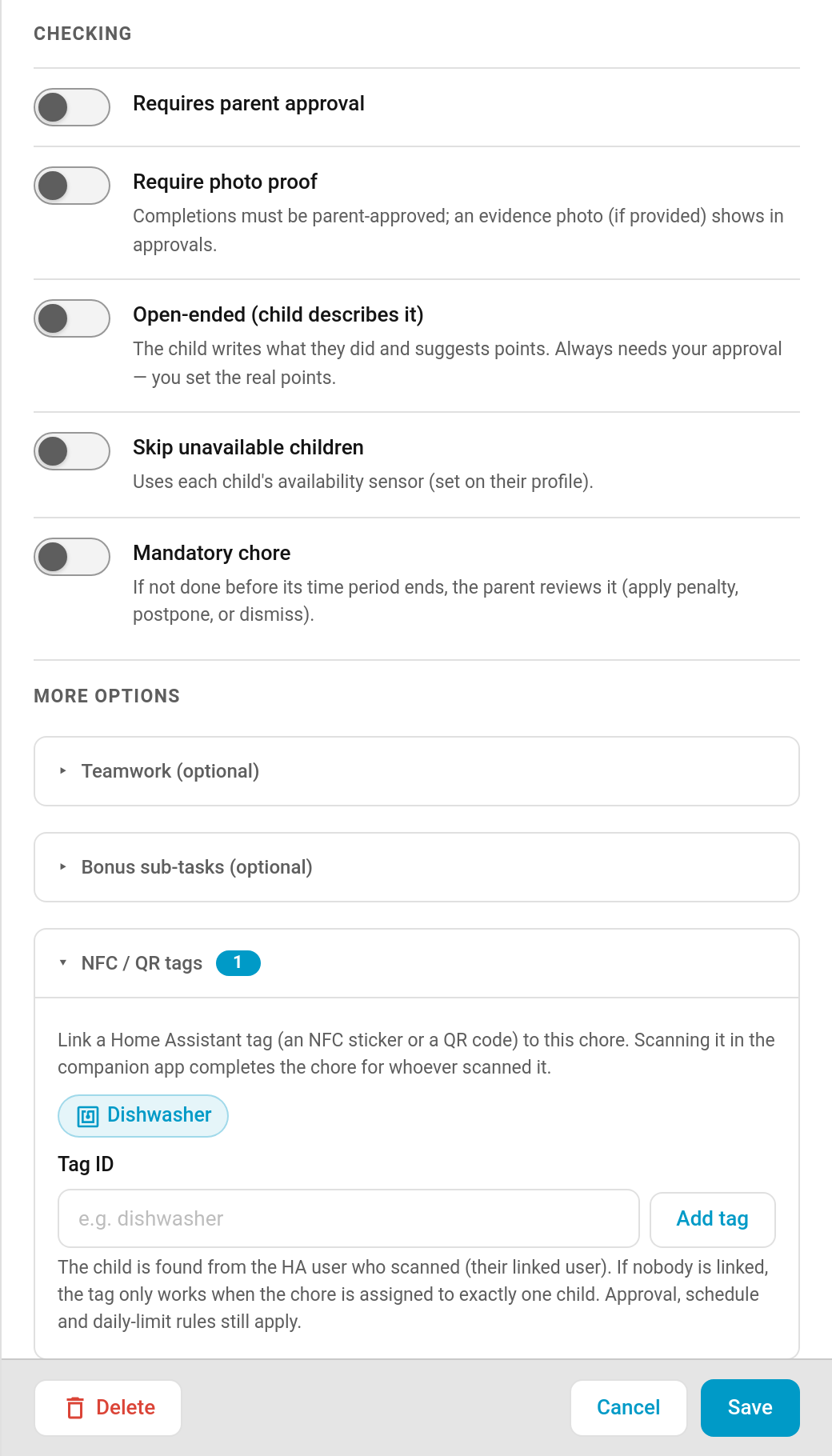 The NFC / QR tags section of the chore editor, with a Dishwasher tag linked