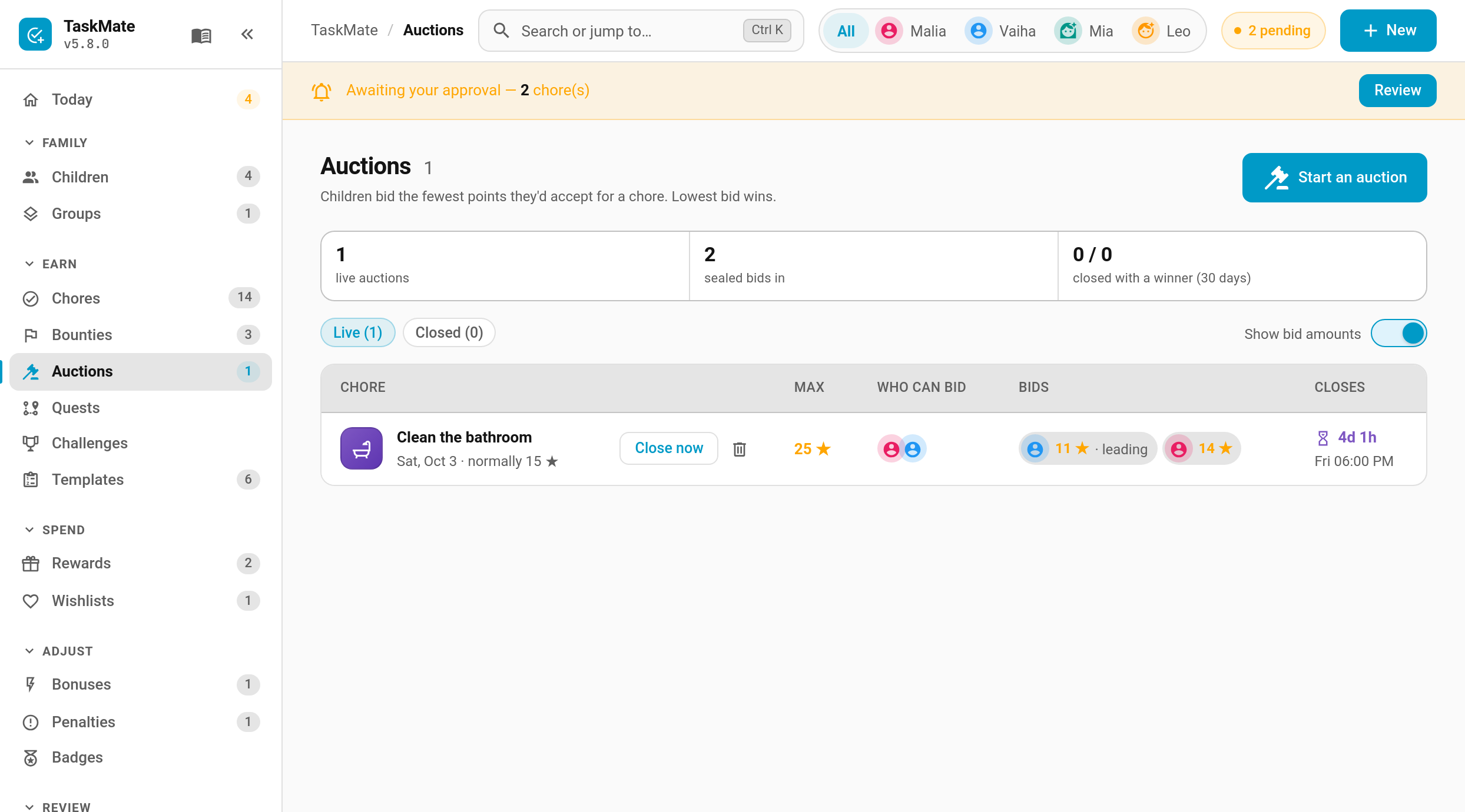 The Auctions page in the TaskMate panel