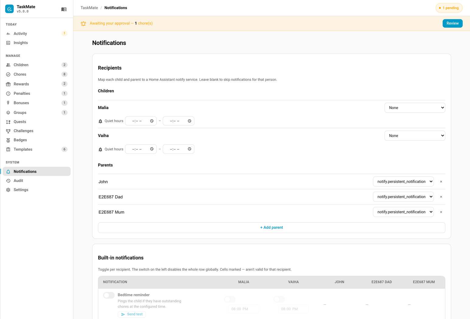 Parent routing in the Notifications tab