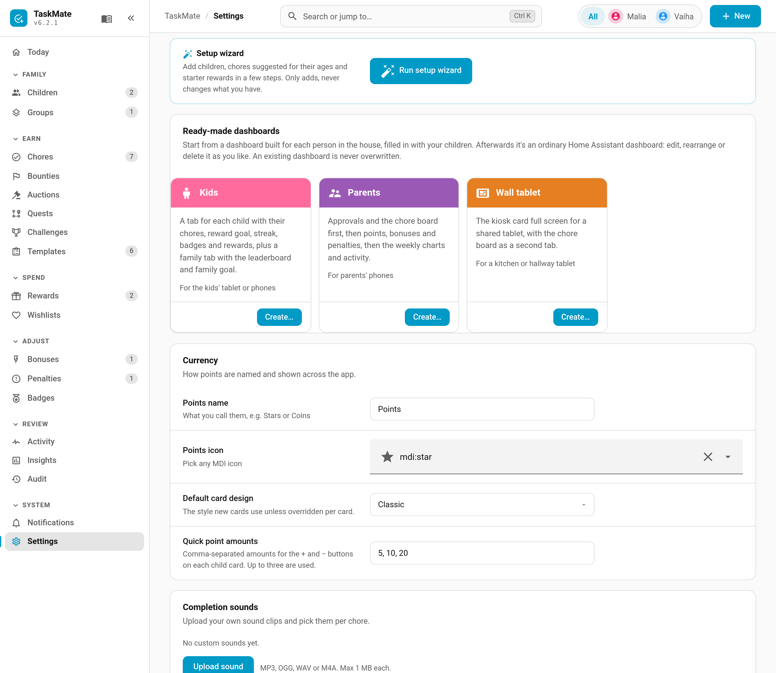 The Ready-made dashboards section in Settings