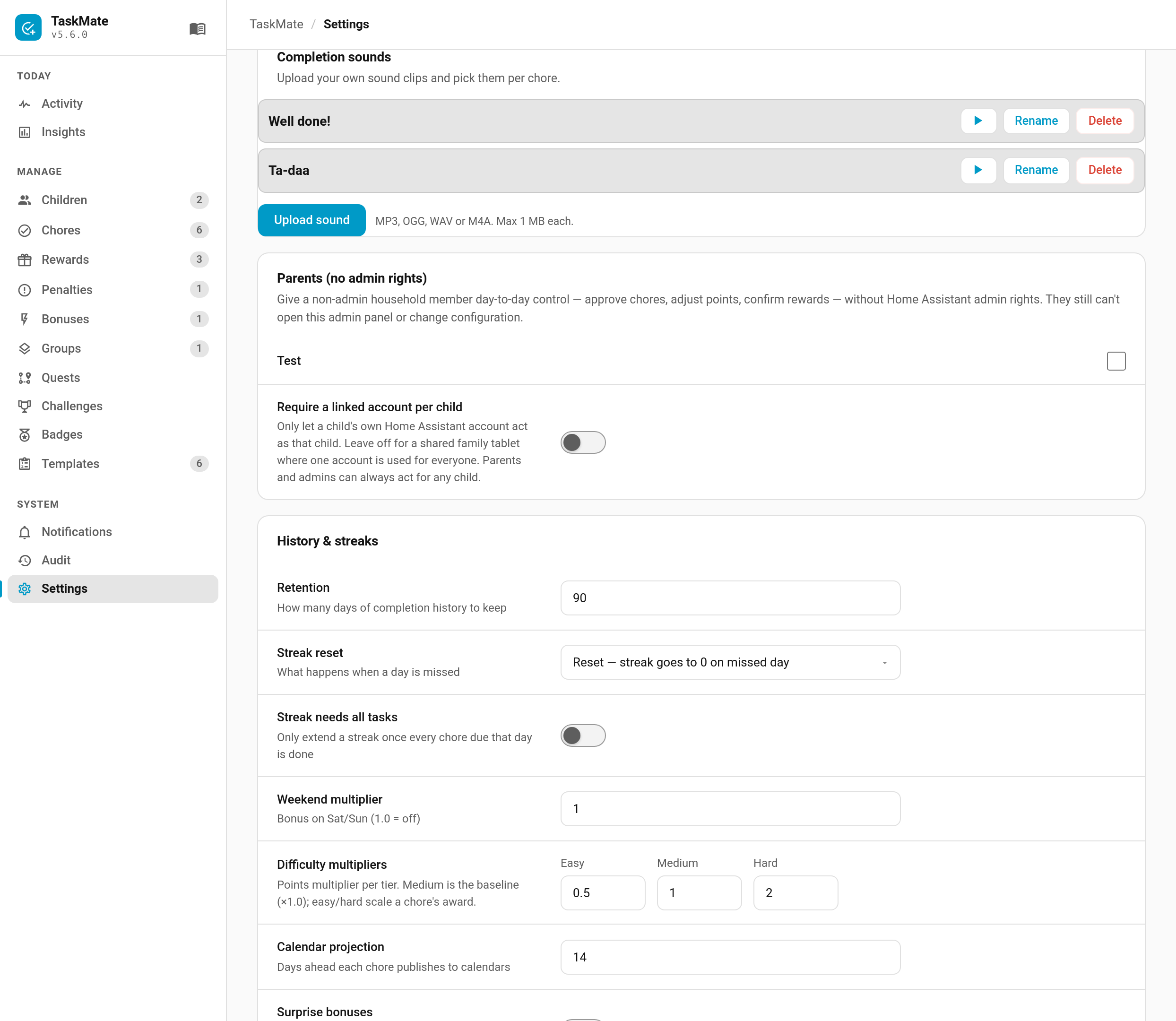 Uploaded sounds in Settings, each with play, rename and delete