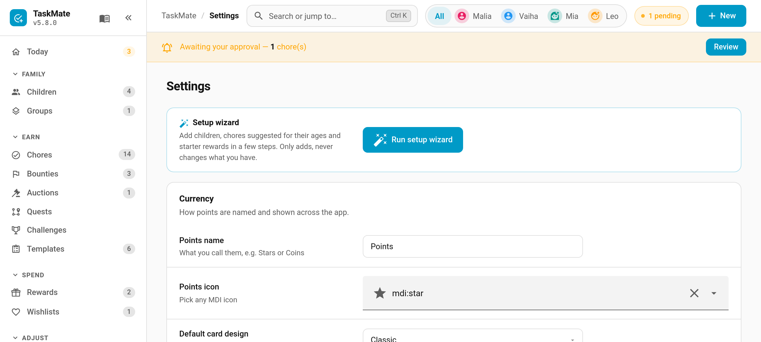 The Setup wizard entry at the top of Settings