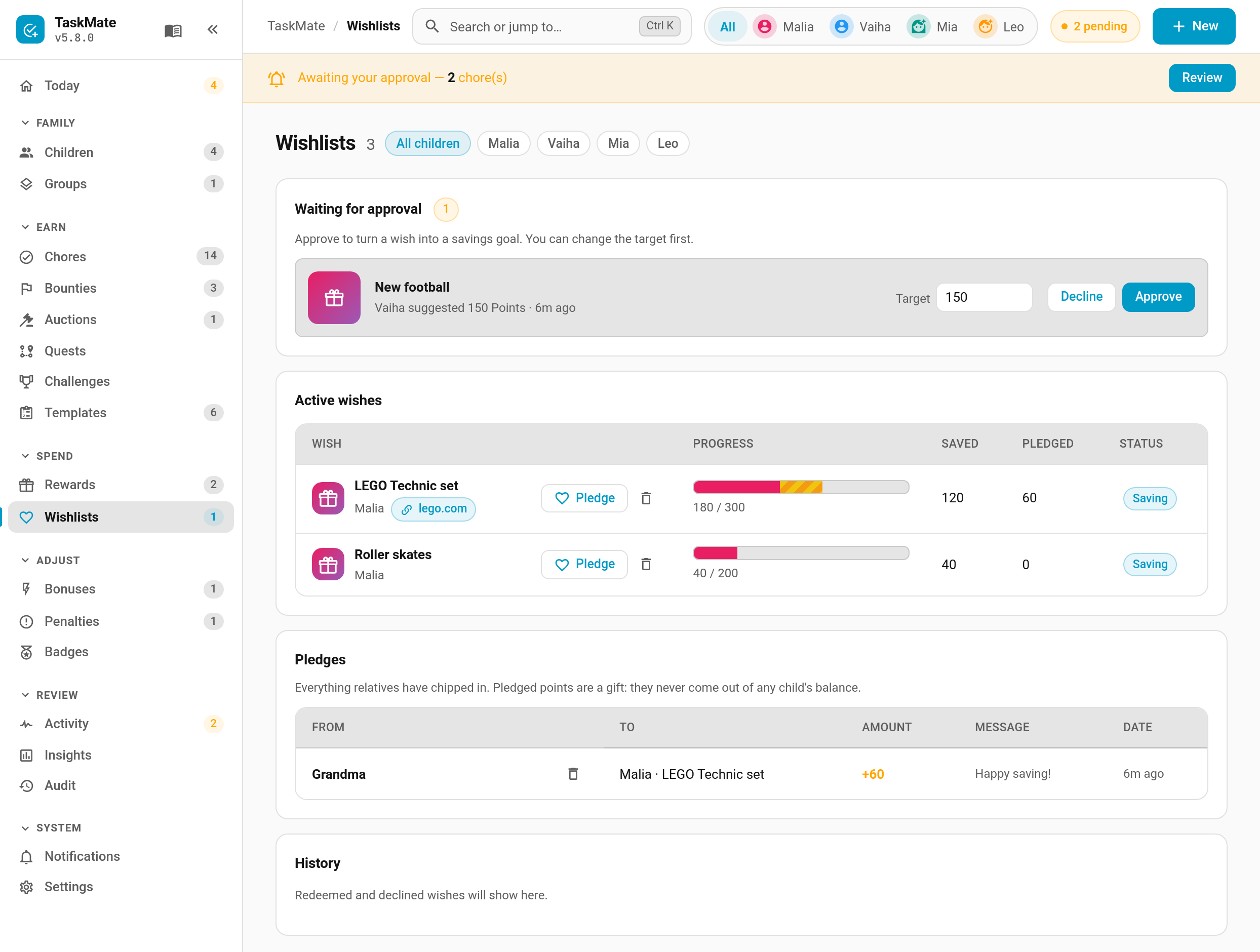 The Wishlists page in the TaskMate panel