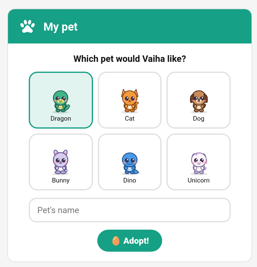 Choosing a pet on the Pet card