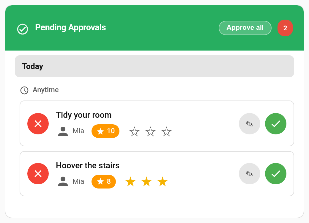 The approvals card with a star picker on each pending chore, three stars picked on one