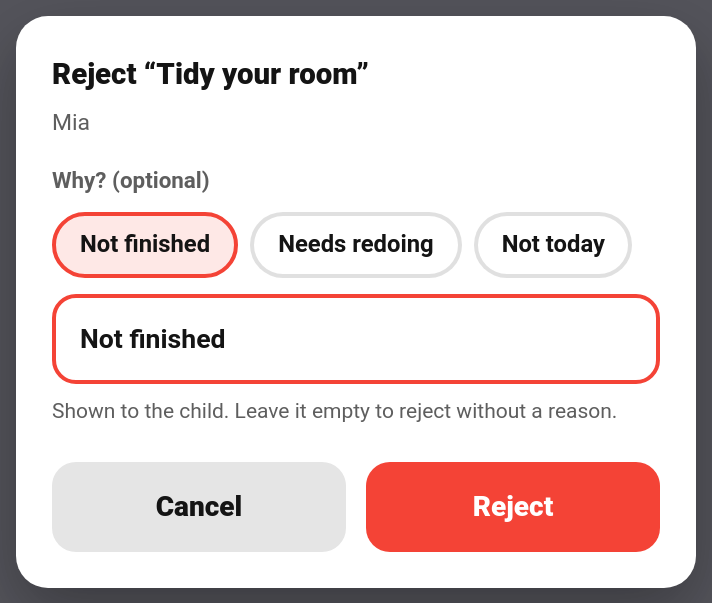 The reject sheet on the approvals card, with quick-pick reasons and a text box