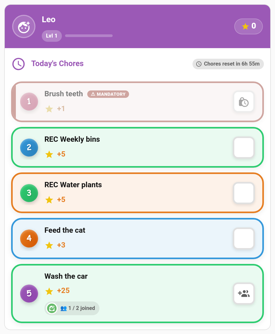 A teamwork chore on a child card, showing one of two places filled and a Join button