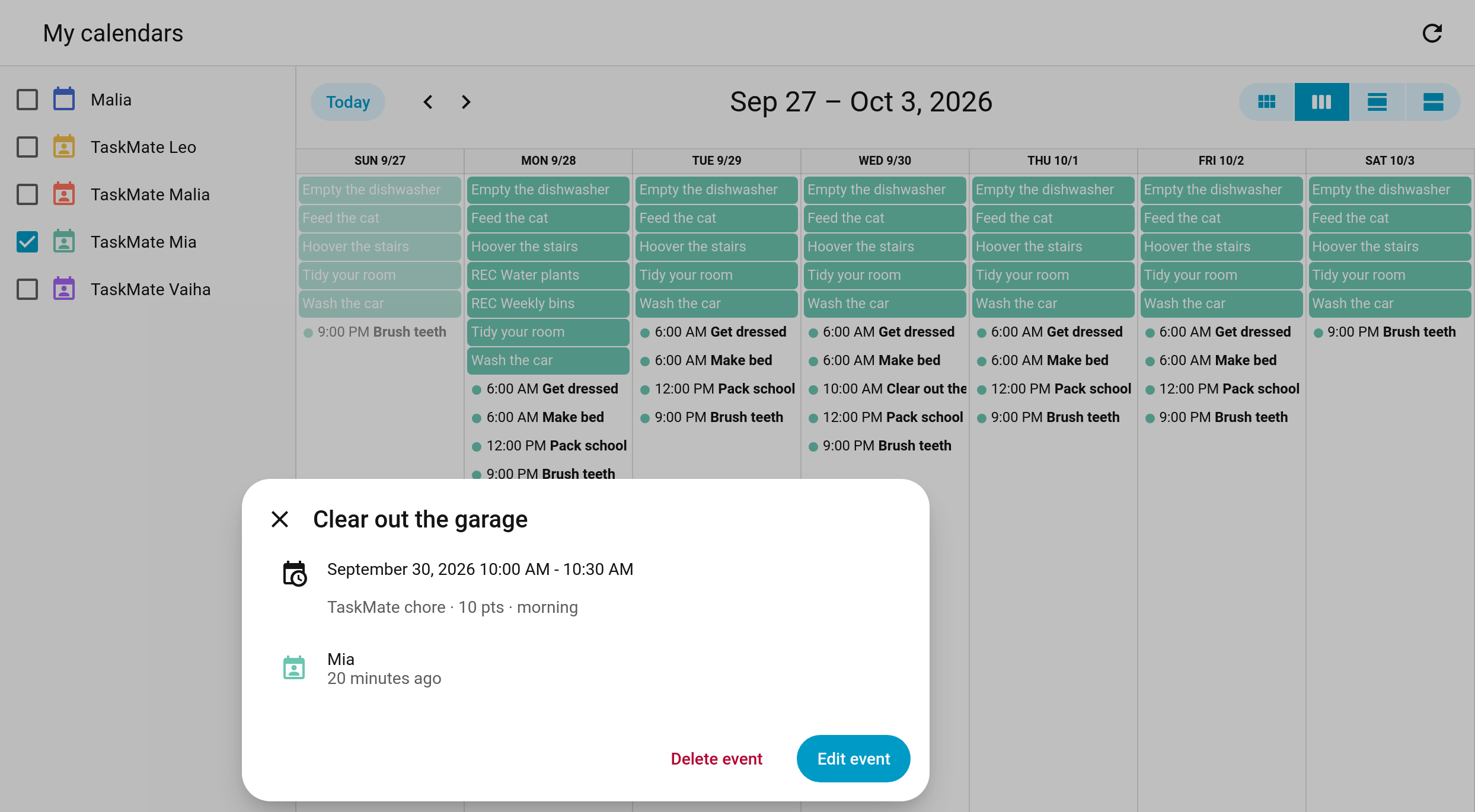Home Assistant's calendar showing a child's TaskMate calendar, with a chore created from the calendar open