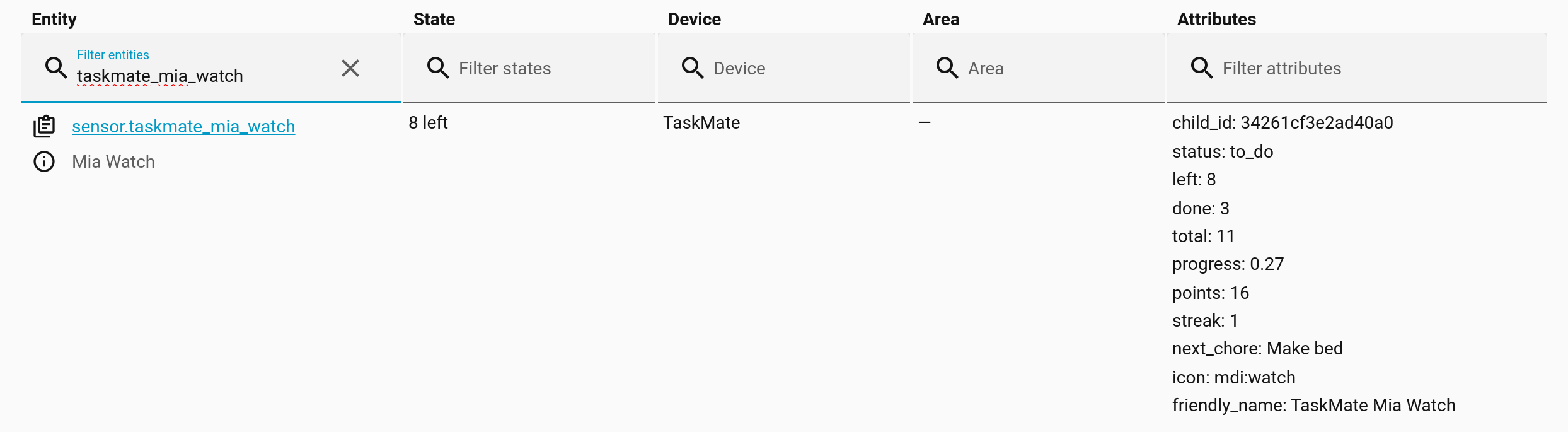 The watch sensor's state and attributes in Home Assistant's Developer tools