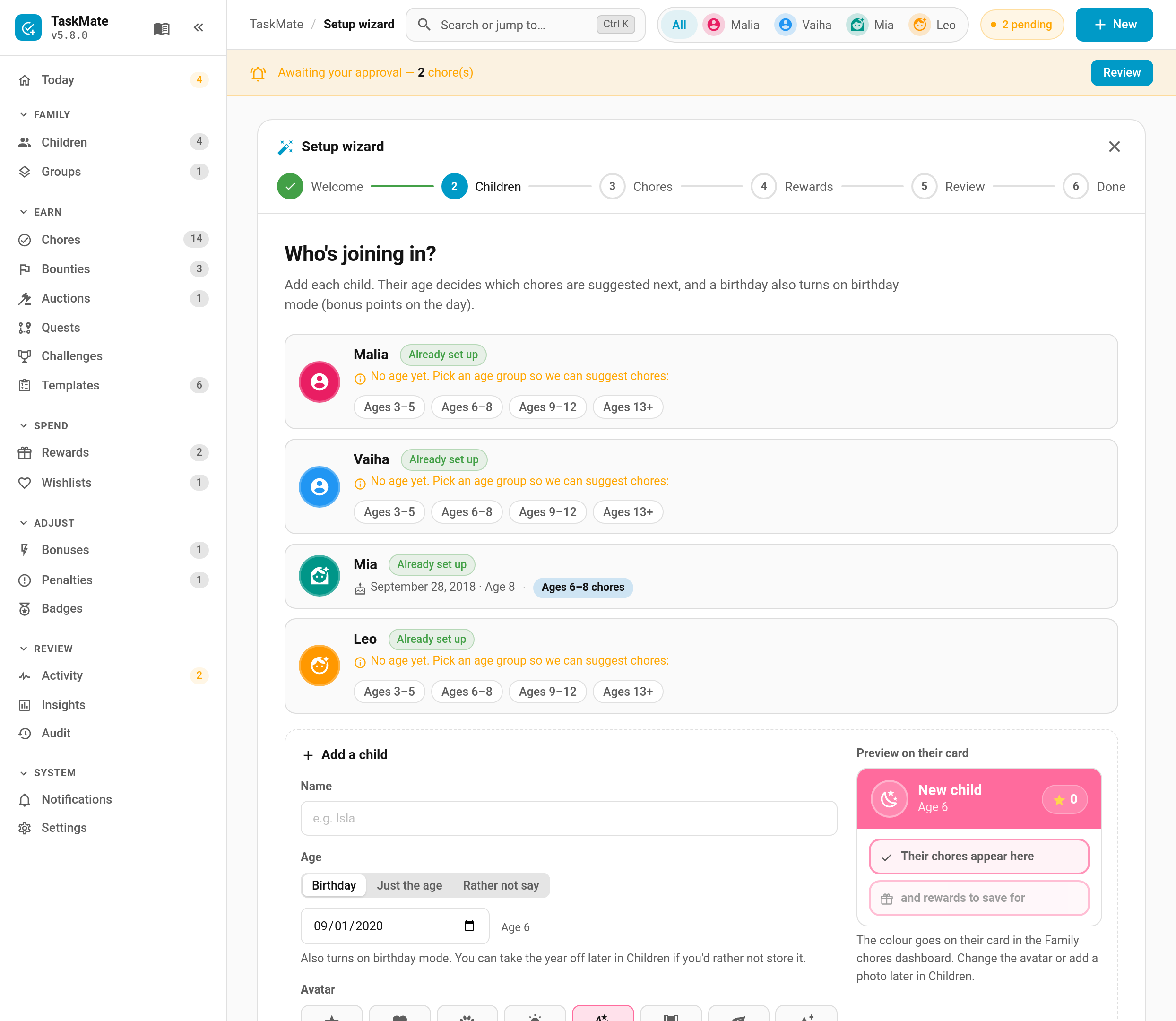 Adding children in the setup wizard