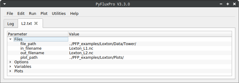  Image of the Files section in an L2 control file