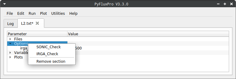  Image of the Options section context menu in an L2 control file