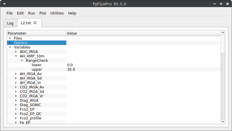  Image of the Variables section in an L2 control file