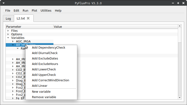  Image of the Variables section add QC context menu in an L2 control file