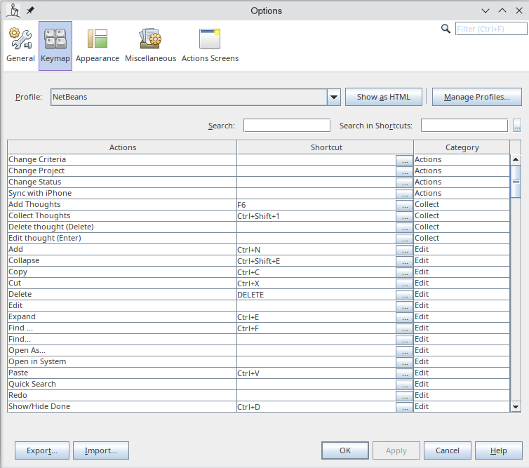 Options Dialog — Keymap Tab