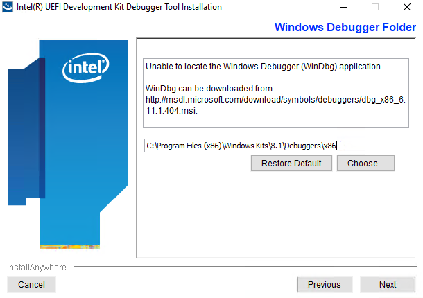 Intel UDK Debugger WinDbg Dialog