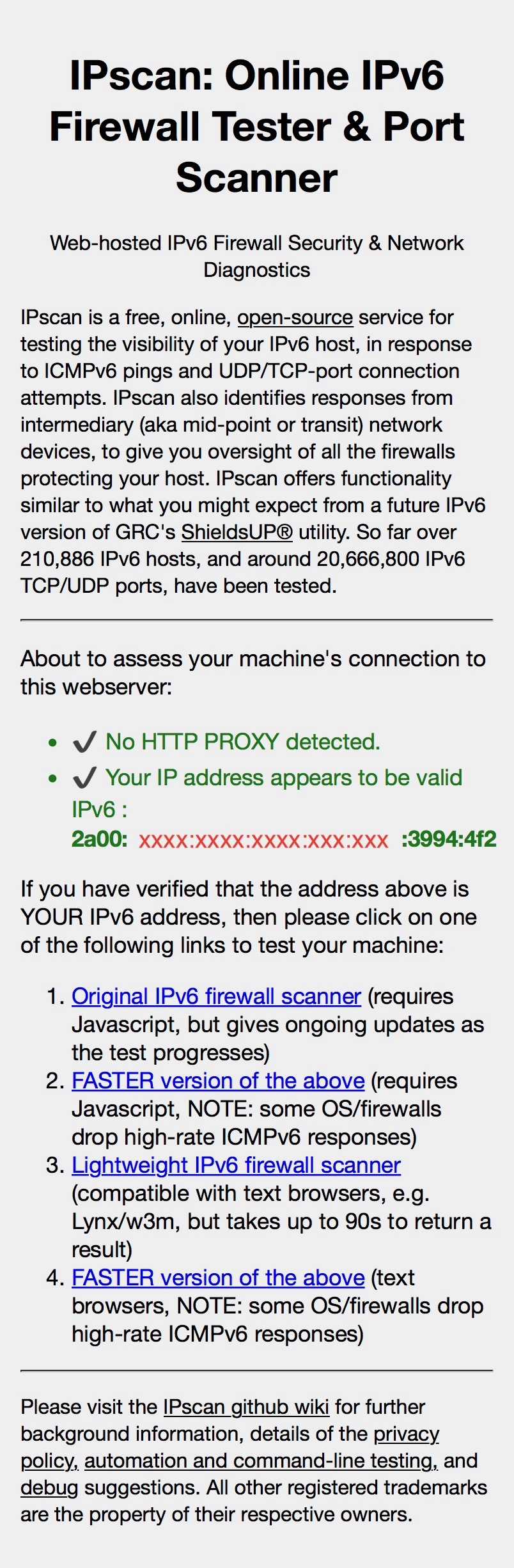IPscan Demo Server Landing Page visited by an IPv6 Host