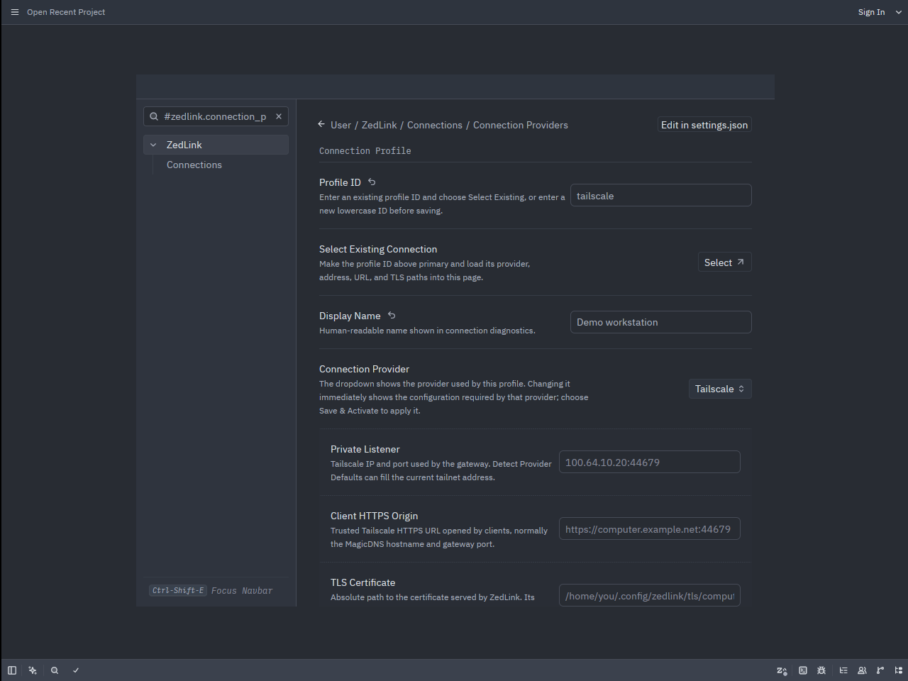 Native ZedLink settings in an isolated profile