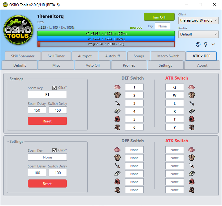 Screenshot of the ATK x DEF tab showing the two gear sets and trigger settings