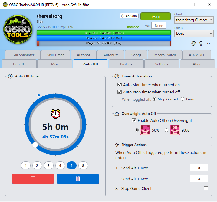 Screenshot of the Auto Off tab showing the timer dial and Timer Automation settings