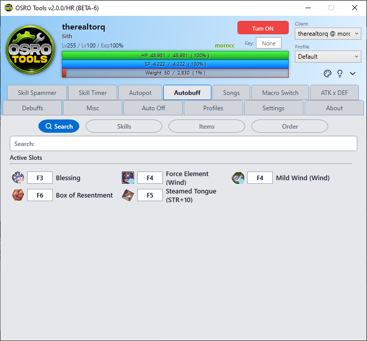 Screenshot of Autobuff tab with Blessing and Agi Up configured