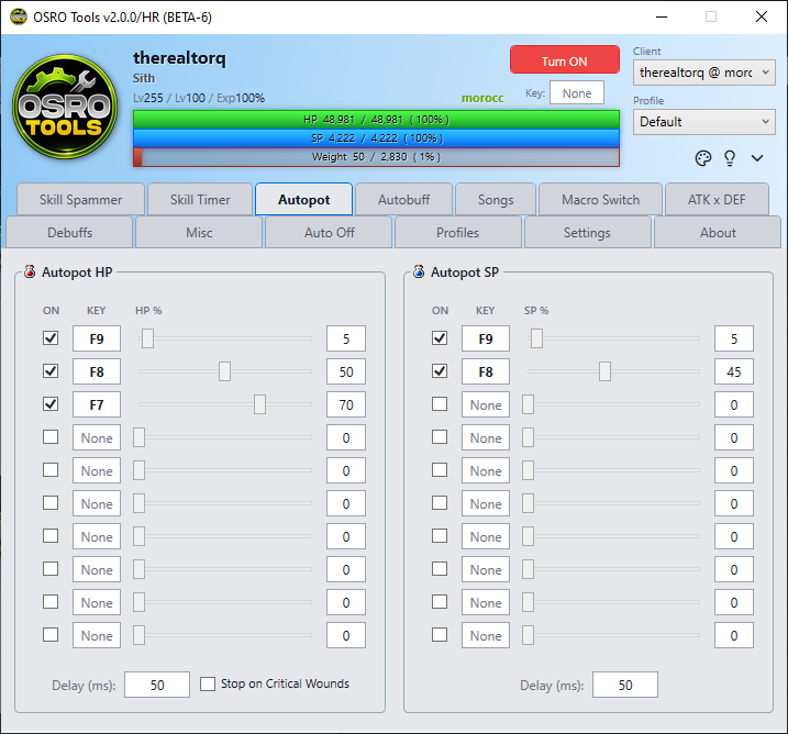 Screenshot of the Autopot tab with two rows filled out
