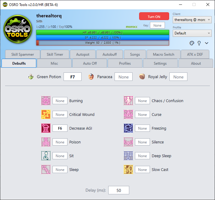 Screenshot of the Debuffs tab showing Status Recovery items and the debuff grid