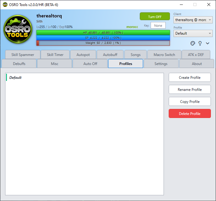 Screenshot of the Profiles tab when first opened