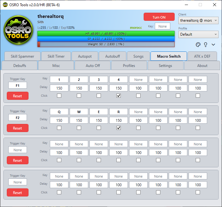 Screenshot of the Macro Switch tab showing a custom step sequence