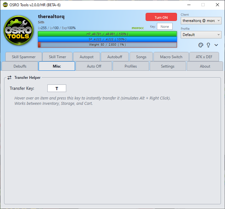 Screenshot of the Misc tab showing the Transfer Helper key binding