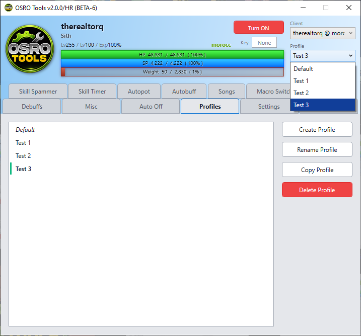 Screenshot of the Profiles tab showing the profile list