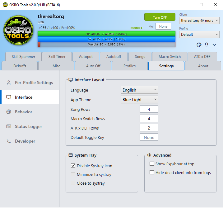 Screenshot of the Settings tab showing the sidebar menu and interface options