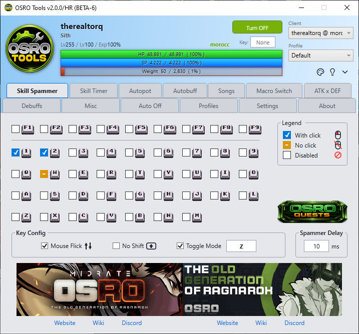 Screenshot of the Skill Spammer tab showing the key grid and delay settings