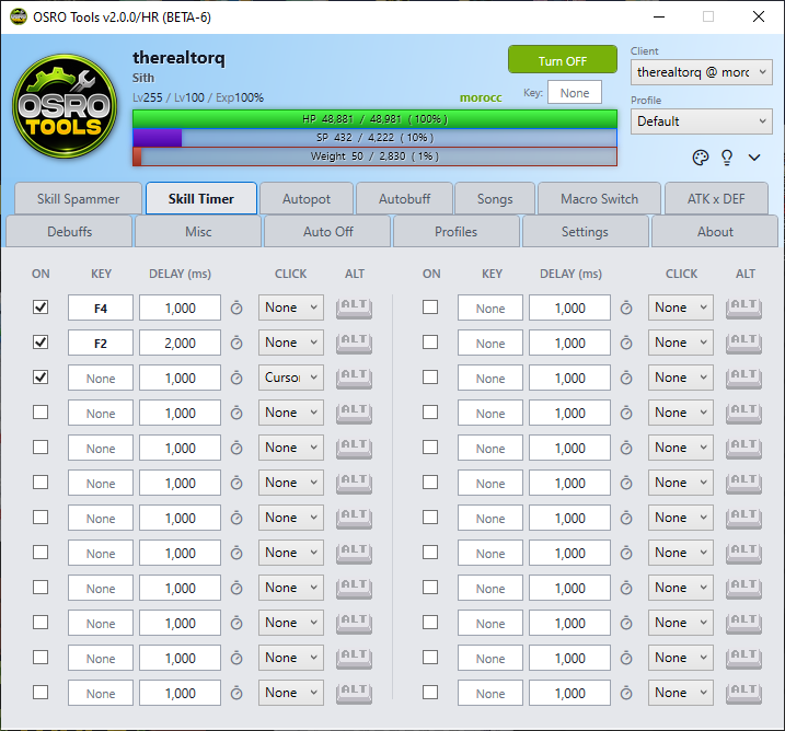 Screenshot of the Skill Timer tab showing multiple configured slots