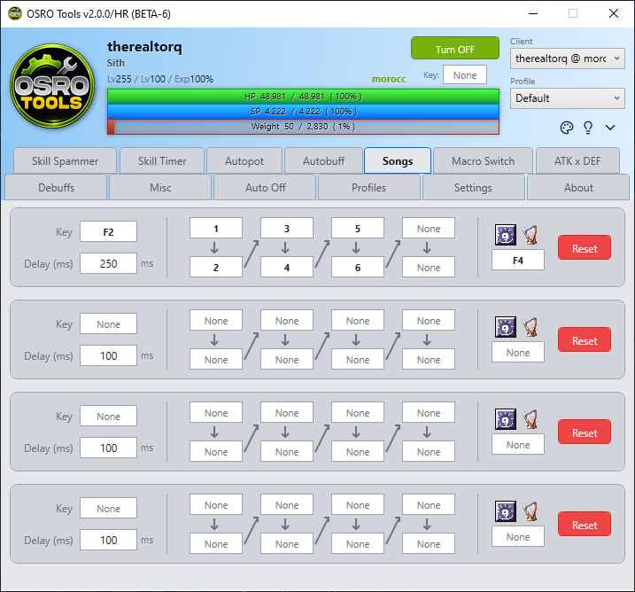 Screenshot of the Songs tab showing the zigzag step sequence and weapon swapping keys