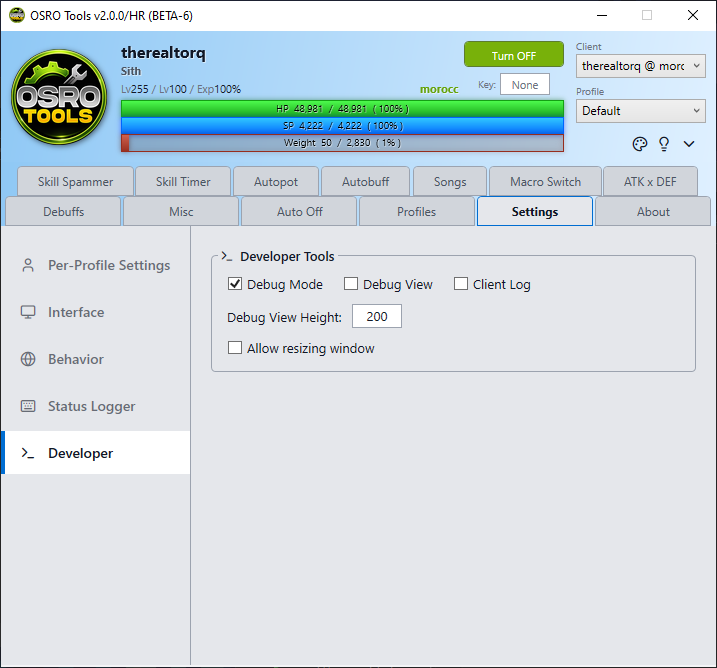 Screenshot of the Settings tab showing Debug Mode enabled