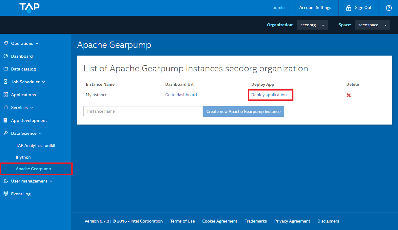 Create Apache Gearpump instance on TAP