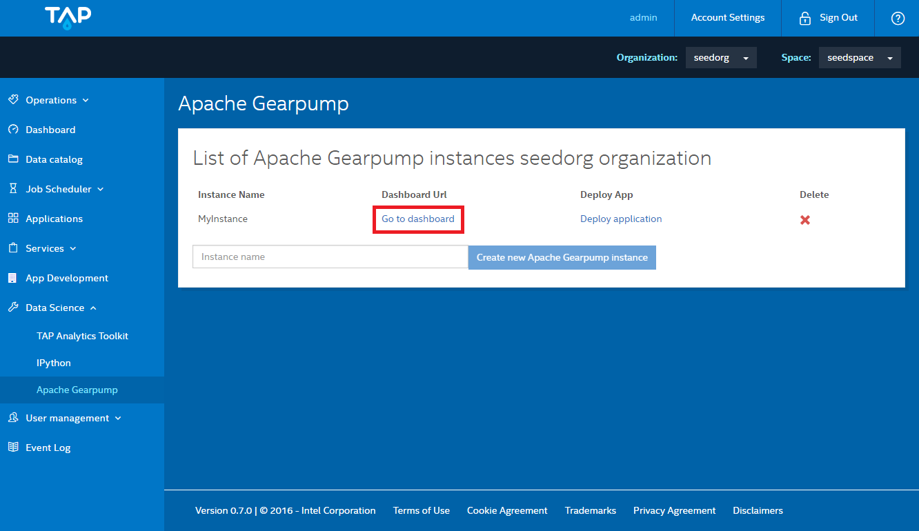 Create Apache Gearpump instance on TAP