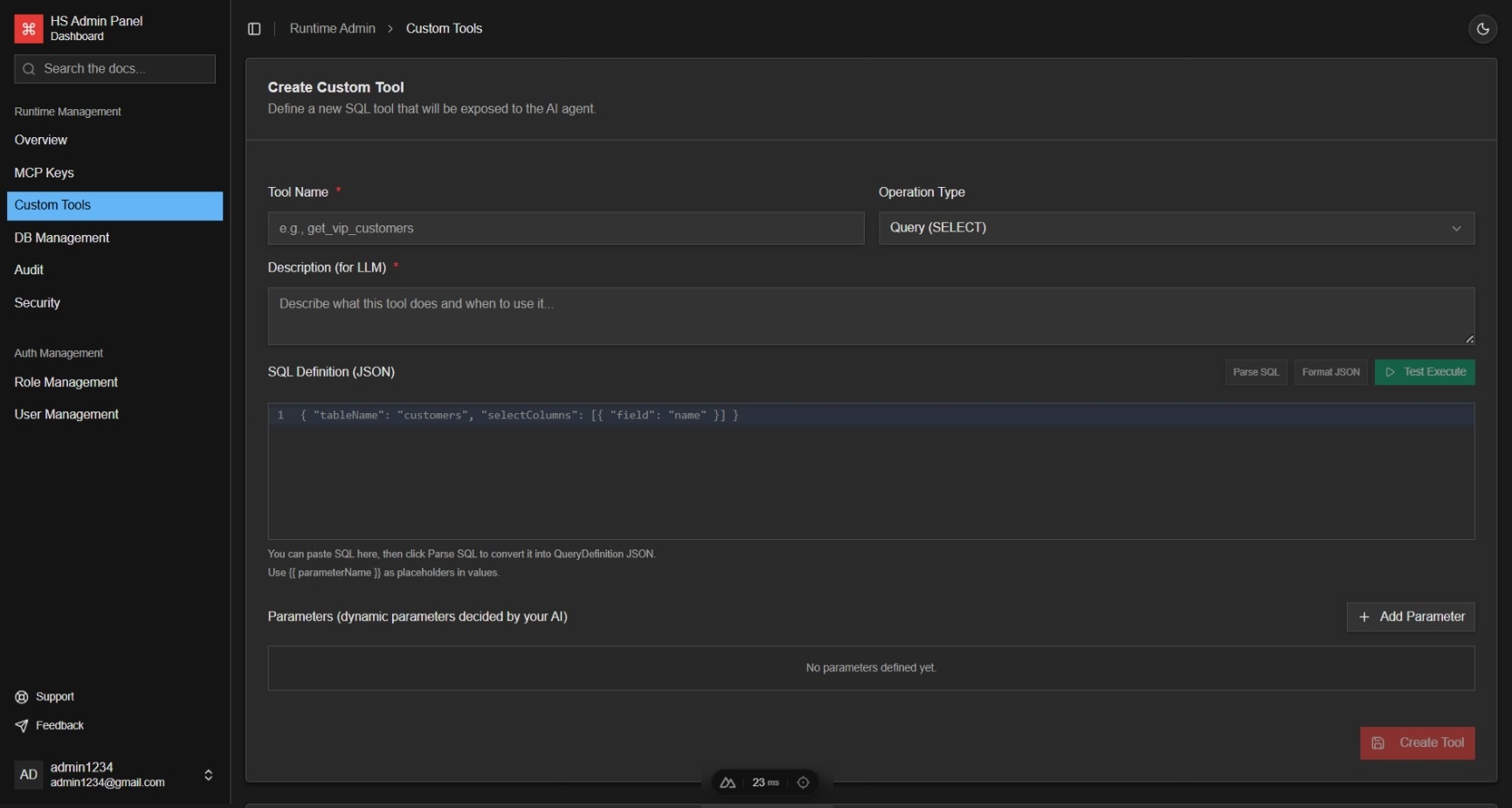 Custom SQL tool editor