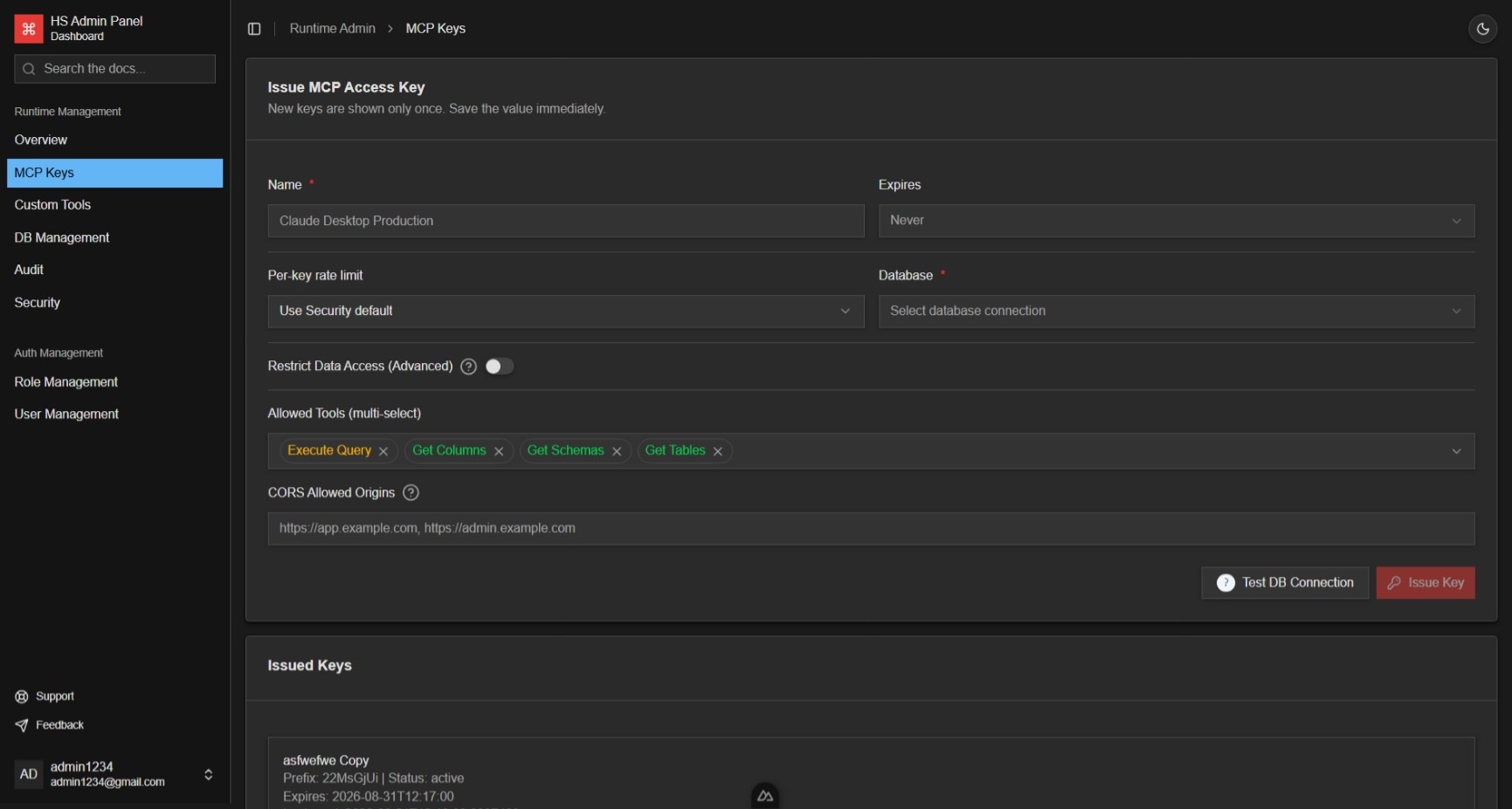 MCP key management screen