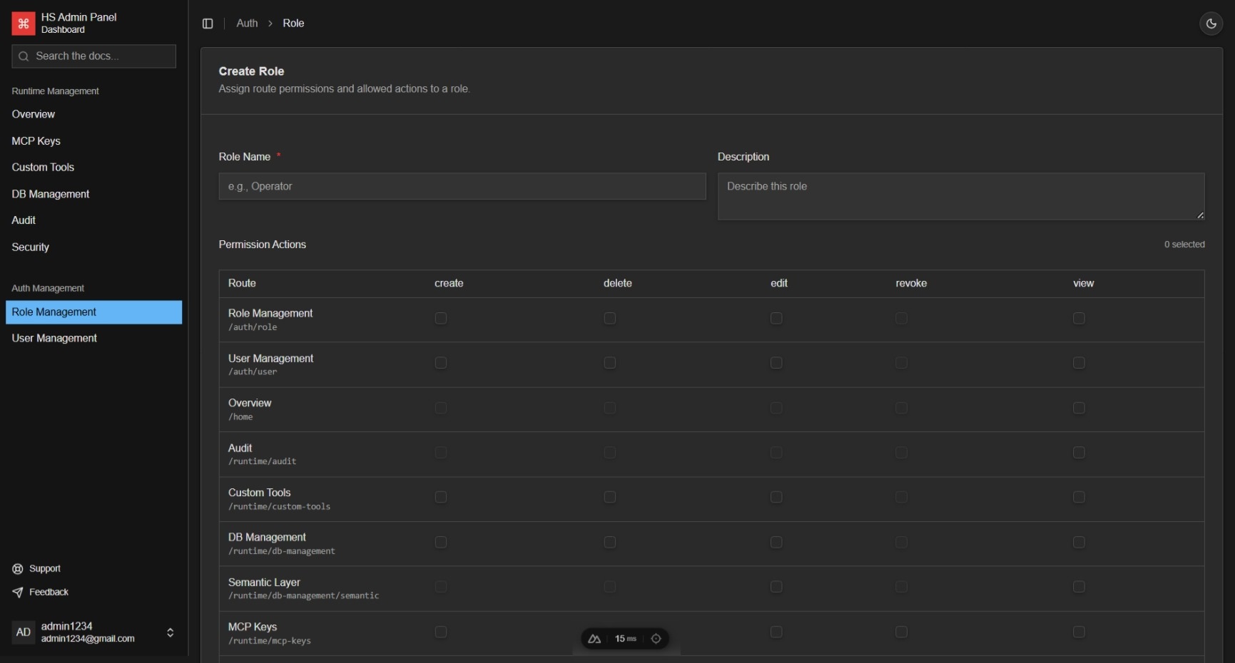 Role and permission management screen